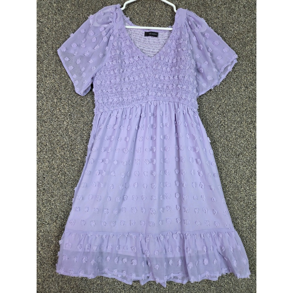 TECREW Smocked Mini Dress Womens Medium Purple Swiss Dot Flutter Sleeve Ruffle